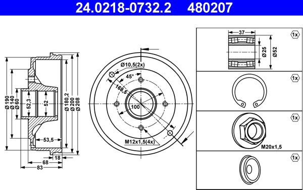 ATE 24.0218-0732.2 - Tambour de frein droxauto.com