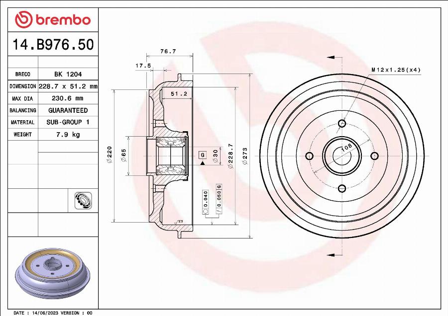 Brembo 14.B976.50 - Tambour de frein droxauto.com