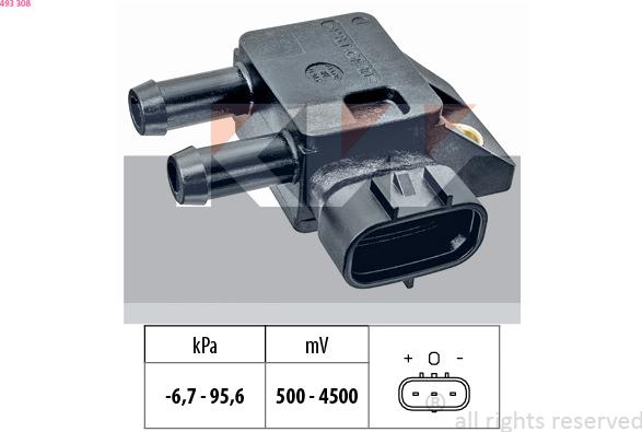 KW 493 308 - Capteur, pression des gaz échappement droxauto.com