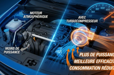 Comparaison entre un moteur atmosphérique et un moteur avec turbocompresseur : plus de puissance, meilleure efficacité et consommation réduite grâce au turbocompresseur.