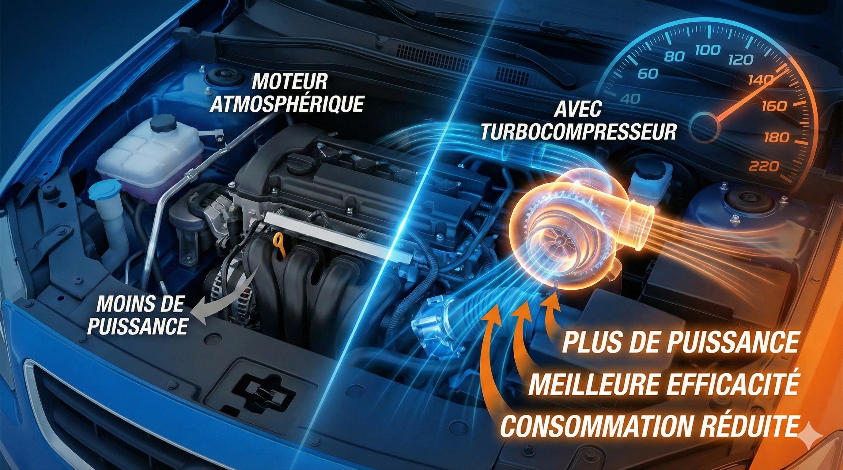 Comparaison entre un moteur atmosphérique et un moteur avec turbocompresseur : plus de puissance, meilleure efficacité et consommation réduite grâce au turbocompresseur.