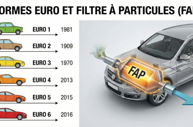 Évolution des normes Euro pour les voitures de 1981 à 2016, montrant l'introduction du filtre à particules (FAP) et les progrès pour réduire les émissions polluantes. Les normes Euro 1 à Euro 6 sont indiquées avec des années spécifiques.