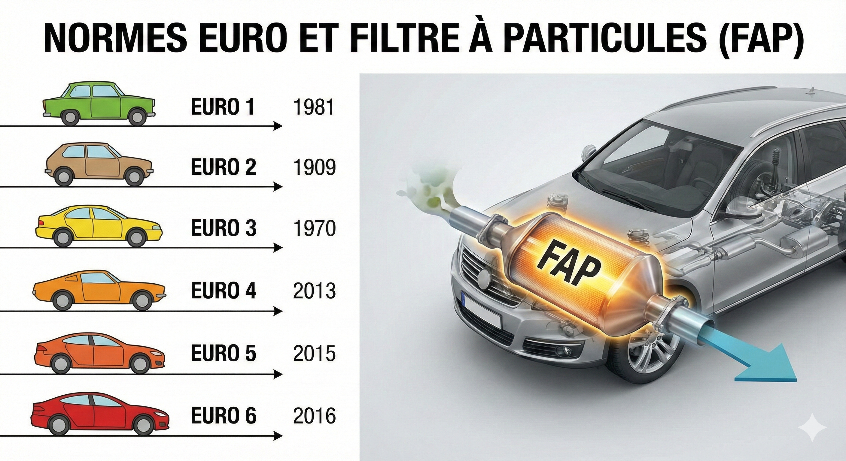 Évolution des normes Euro pour les voitures de 1981 à 2016, montrant l'introduction du filtre à particules (FAP) et les progrès pour réduire les émissions polluantes. Les normes Euro 1 à Euro 6 sont indiquées avec des années spécifiques.