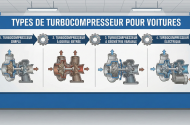 Types de turbocompresseur pour voitures : simple, à double entrée, à géométrie variable et électrique.