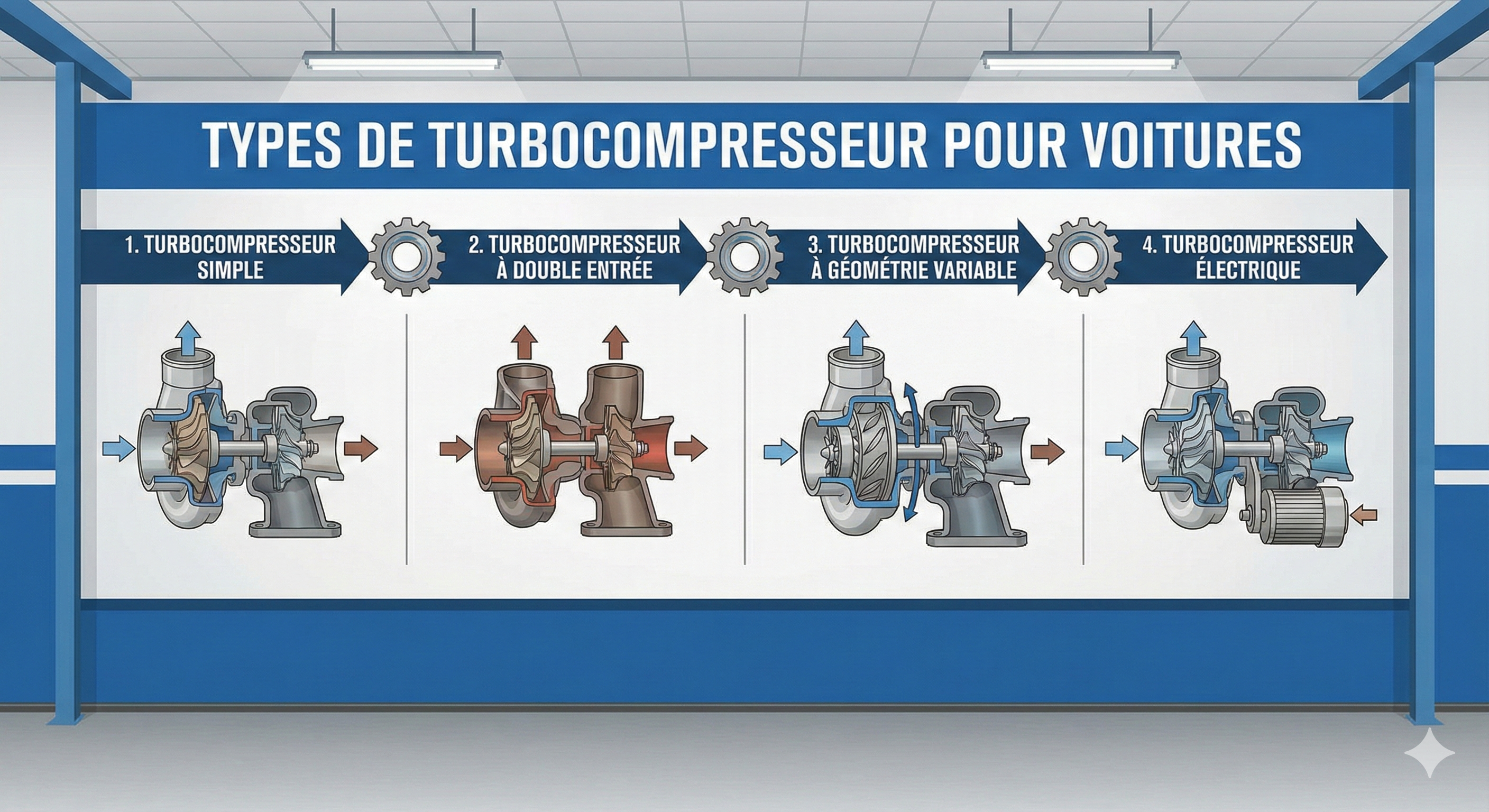 Types de turbocompresseur pour voitures 1 Types de turbocompresseur pour voitures : simple, à double entrée, à géométrie variable et électrique.