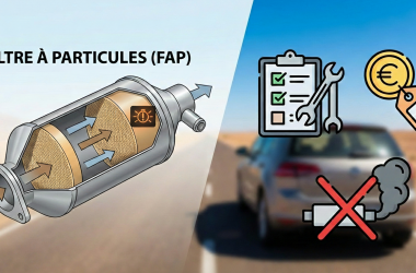 Image illustrating a Diesel Particulate Filter (FAP) with arrows showing the filtration process. On the right, icons highlight the importance of regular maintenance, cost, and environmental benefits, emphasizing reduced emissions.