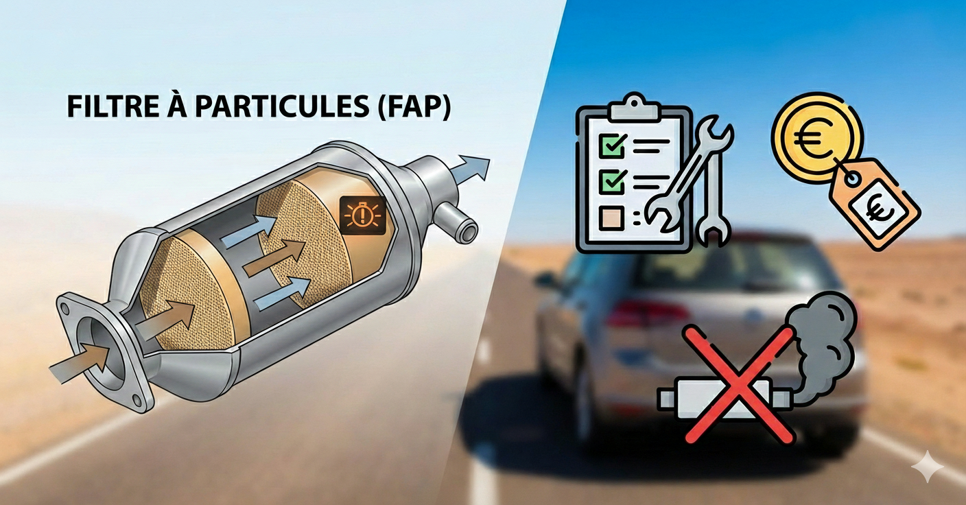 Filtre à particules (FAP) : fonctionnement, pannes, prix, entretien 1 Image illustrating a Diesel Particulate Filter (FAP) with arrows showing the filtration process. On the right, icons highlight the importance of regular maintenance, cost, and environmental benefits, emphasizing reduced emissions.