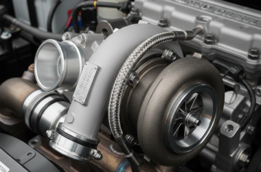 image d'un turbocompresseur installé dans un moteur diesel, montrant ses composants et tuyaux.