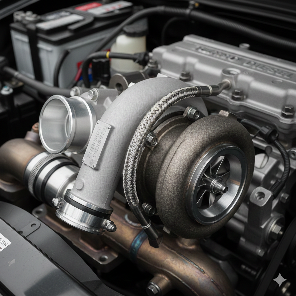Turbocompresseur pour moteur essence de voiture 1 image d'un turbocompresseur installé dans un moteur diesel, montrant ses composants et tuyaux.