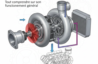Schéma d'un turbocompresseur automobile montrant son fonctionnement général : les gaz d'échappement font tourner la turbine, comprimant l'air qui est ensuite envoyé dans le moteur pour améliorer la combustion.