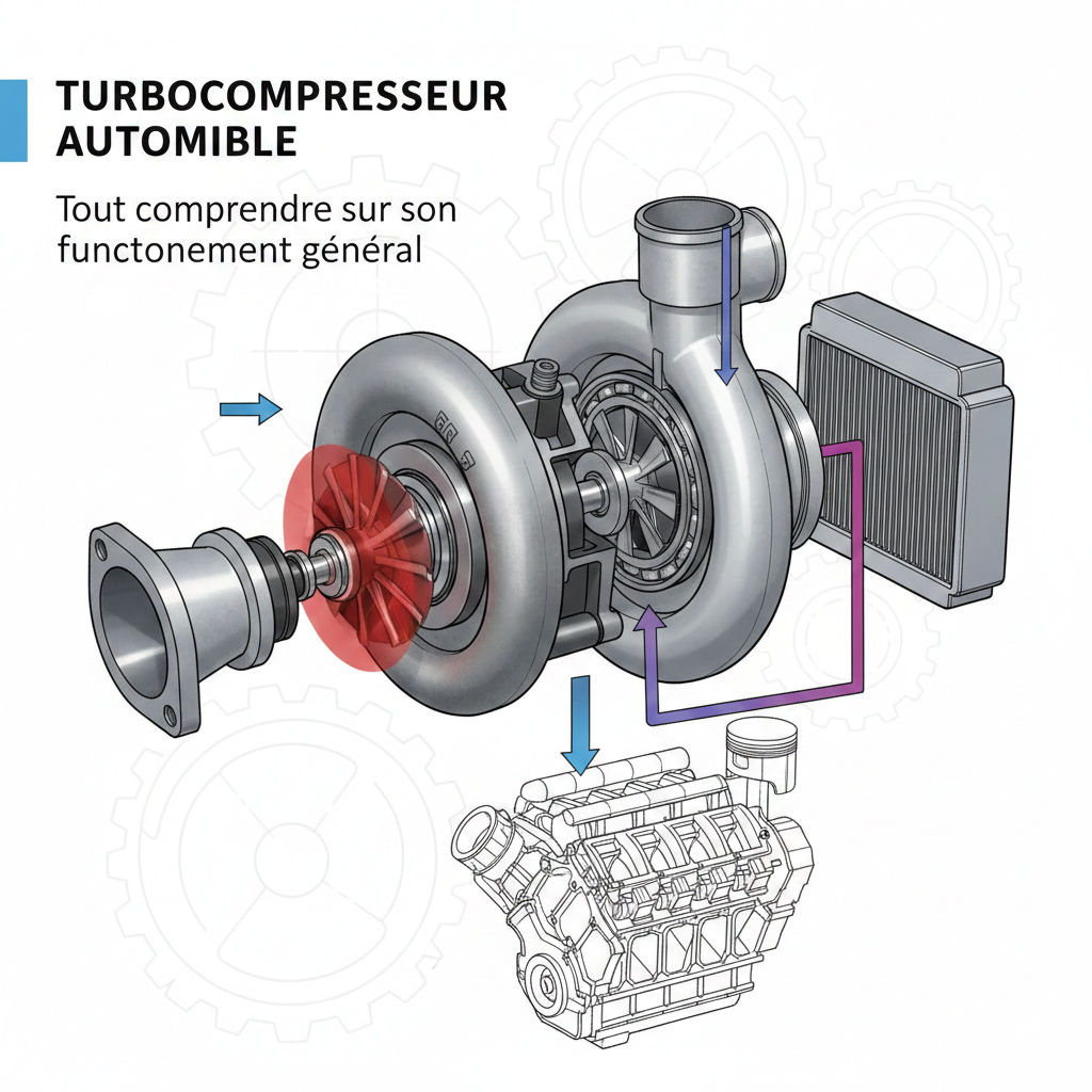 Schéma d'un turbocompresseur automobile montrant son fonctionnement général : les gaz d'échappement font tourner la turbine, comprimant l'air qui est ensuite envoyé dans le moteur pour améliorer la combustion.