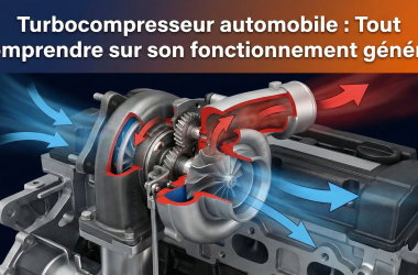 Schéma d’un turbocompresseur automobile illustrant le fonctionnement général : les gaz d'échappement activent la turbine, comprimant l'air qui est ensuite injecté dans le moteur pour améliorer la combustion.