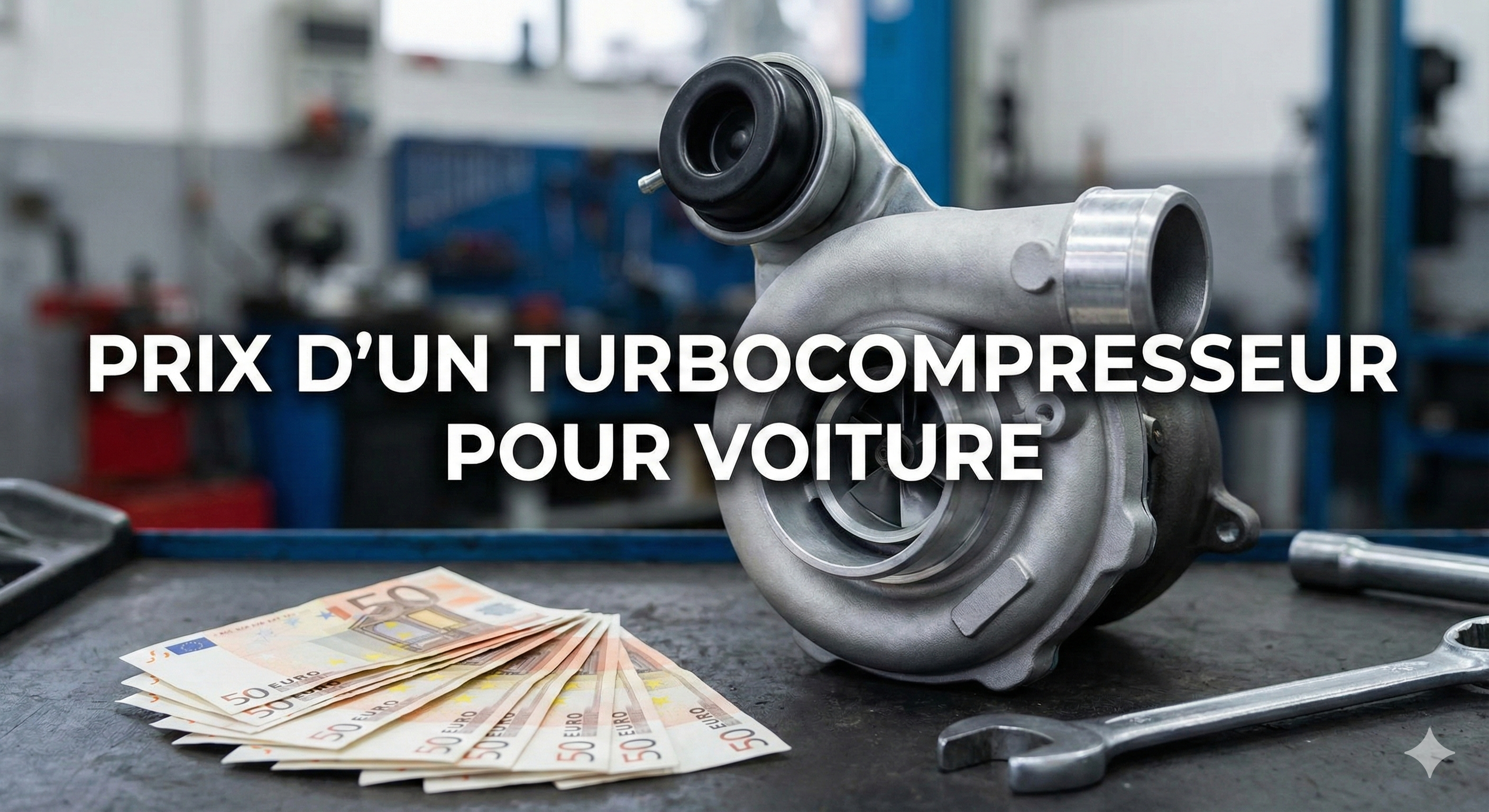 Prix d'un turbocompresseur pour voiture, avec des billets en euros à côté.