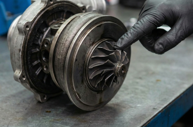 Un mécanicien pointe une aile de turbocompresseur, montrant probablement une usure ou un dommage.