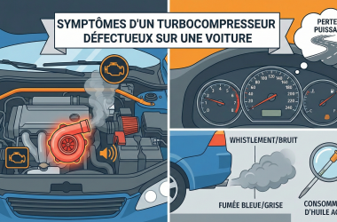 Symptômes d'un turbocompresseur défectueux : perte de puissance, bruit, fumée bleue et consommation d'huile accrue.