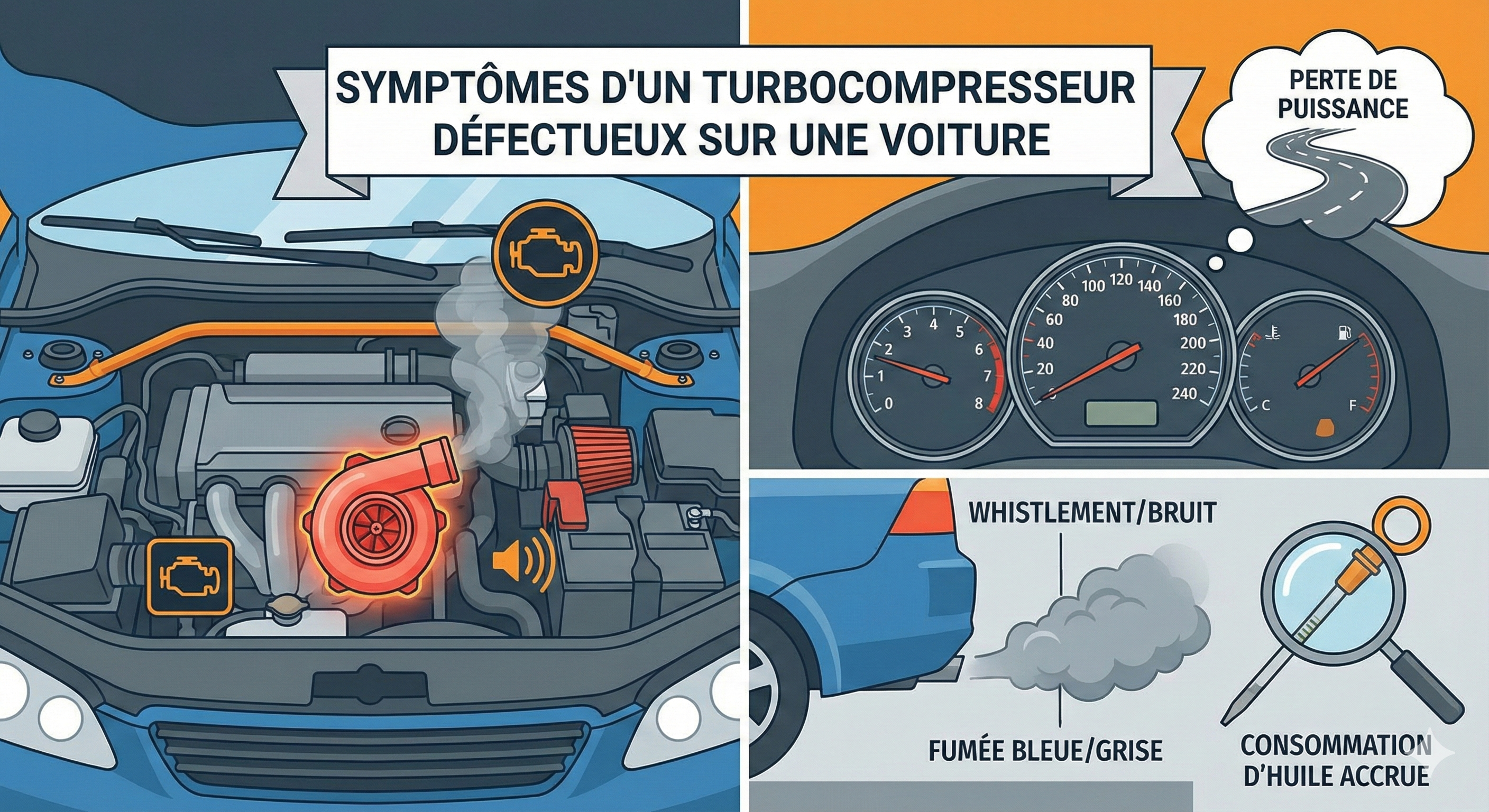 Symptômes d'un turbocompresseur défectueux : perte de puissance, bruit, fumée bleue et consommation d'huile accrue.